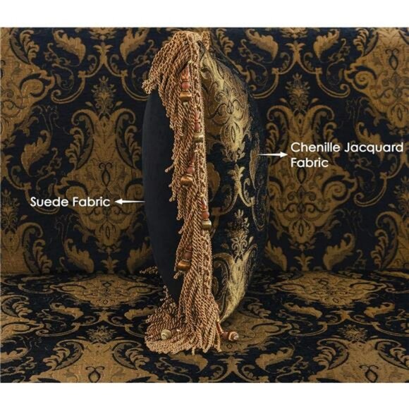 Black Gold Chenille Throw Pillow Cover 20x20 Square Decorative Cushion with Tass - Picture 5 of 8